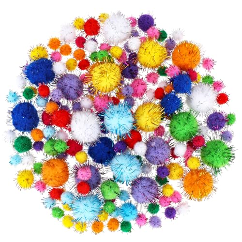 Lot de 200 petites boules scintillantes de tailles assorties, pompons à paillettes pour chat, pompons doux et moelleux pour loisirs créatifs et décorations...