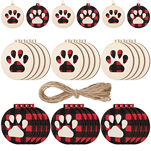Maitys 30 Pcs Christmas Wooden Dog Paw Ornaments Buffalo Plaid Paw Print Xmas Tree Hanging Tag Cat Claw Xmas Hanging Ornaments with Ropes for Holiday Christmas Tree Decor