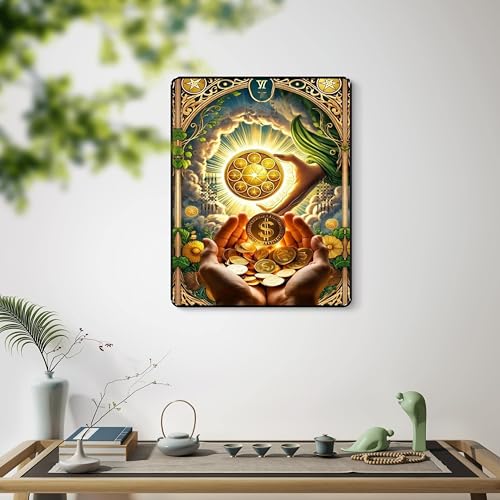 Image of SAF Golden Wealth Flow Wall Art | Hand Holding Coins with Divine Blessings in Black Frame Sparkle Lamination | Abundance Attraction Painting for Home Office Business (14 Inch x 11 Inch) K-36115