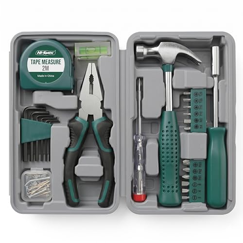 Kit d'outils manuel compact Hi-Spec 25 pièces vert pour bricolage à domicile et au bureau. Kit de...