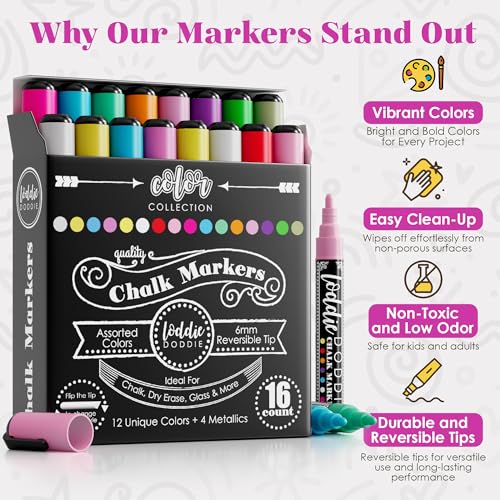 Image of Loddie Doddie Chalk Markers - Pack of 16, Reversible 6mm Tips - Vibrant Chalkboard Designs with Chalkboard Markers - Easy Erase on Glass & Whiteboards with Dry Erase Pen
