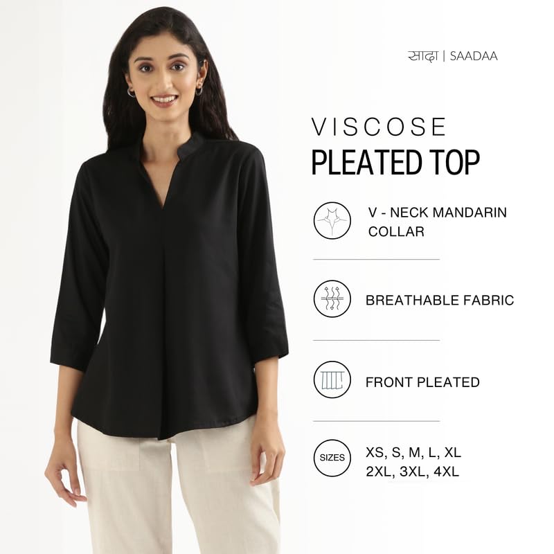 Image of SAADAA Top for Women, Viscose Pleated Tops, V-Neck with a Collar, 3 /4 Sleeve Length, Office & Casual Wear