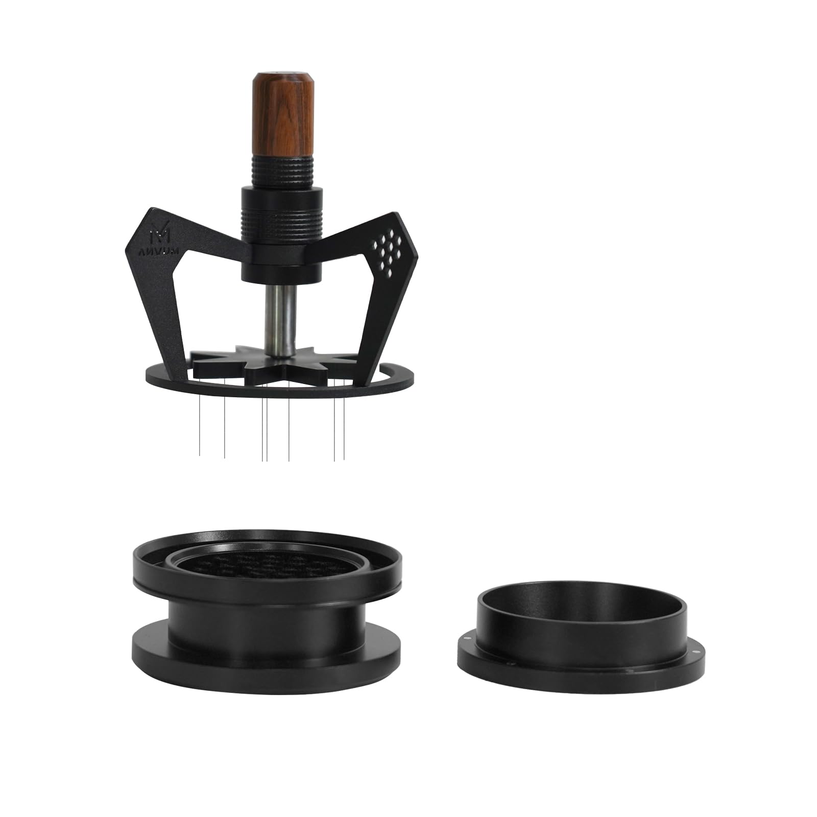 MUVNA58MM Espresso WDT Distribution Tool, 10 Needles Coffee Stirrer Distributor, Rotary Espresso Stirrer with Dosing Funnel & Brush Stand & Wooden Handle