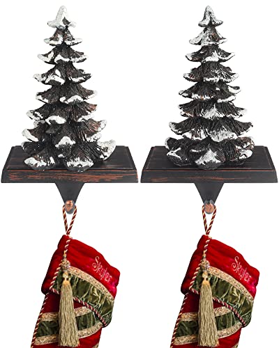 2024 New Christmas Stocking Holders for Mantle Set of 2 Snow Brown Vintage Xmas Tree with Non Skid Stockings Holders for Fireplace Home Decor Holiday Gifts Christmas Decorations Indoor Supplies