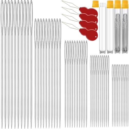 Image of 100 Pack Premium Large Eye Needles for Hand Sewing with Needle Threaders, Assorted Sizes, Embroidery Needles for Hand Sewing, Sewing Needles Large Eye, Big Eye Needle