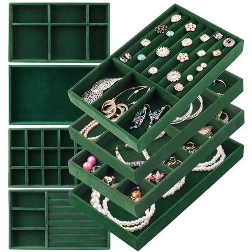 ERLSTE Jewelry Drawer Organizer, 8 Set of Stackable Velvet Organizer Tray, Drawer Inserts for Jewelry Organization, Showcase and Safely Store Your Collection with Elegance and Sophistication (Green)