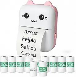 Mini impressora térmica portátil (Rosa) sem fio 200dpi + 10 rolos papel adesivo térmico e 1 rolo comum 57 * 30mm impressão bluetooth para fotos scanners, etiquetas