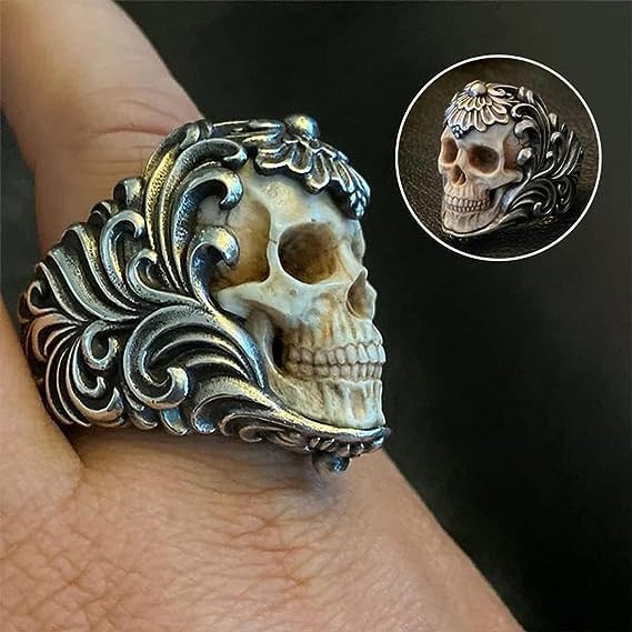 Vintage Polish Floral Armor Antler Skull Ring, Adjustable Open Gothic Skull Rings, Unique Skull Vintage Ring Jewelry Gift for Him (8-11)4
