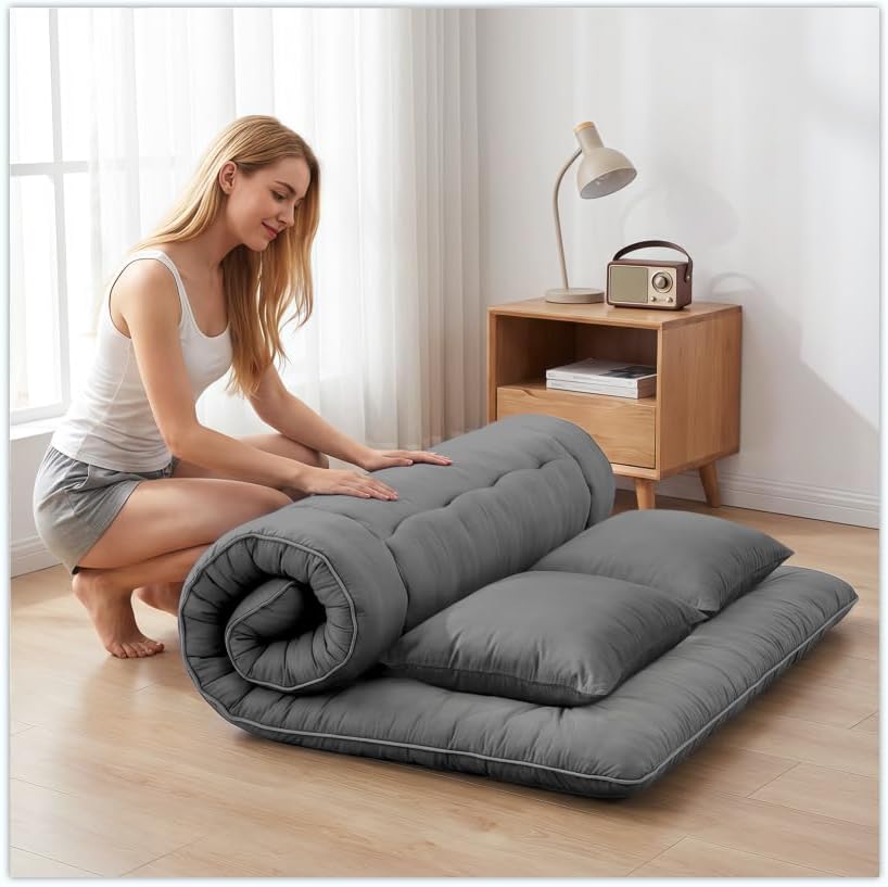 Miniatura 9 de Futón de colchón japonés para suelo, tapete de tatami plegable de 4 pulgadas de grosor con 2 fundas de almohada, cama de suelo tamaño individual
