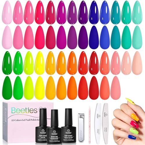 Beetles Neon Gel Polish Set - Neon Summer Collection, Green Blue Purple 25 Summer Bright Colors Rainbow Gel Polish with Base Glossy Matte Top Coat UV LED Soak Off Gifts for Women 4th of July Nails