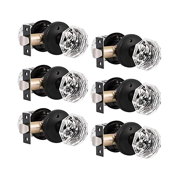 Gobrico 6 Pack Diamond Interior Door Knobs Bed/Bath Crystal Glass Doorknobs in Matte Black,Privacy Function Door Hardware