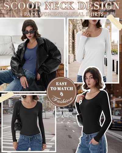 Ficerd 4 Pack Women's Scoop Neck T-Shirts Long Sleeve Cotton Slim Fit Tops Stretchy Tight Casual Basic Layering Shirts Tees2