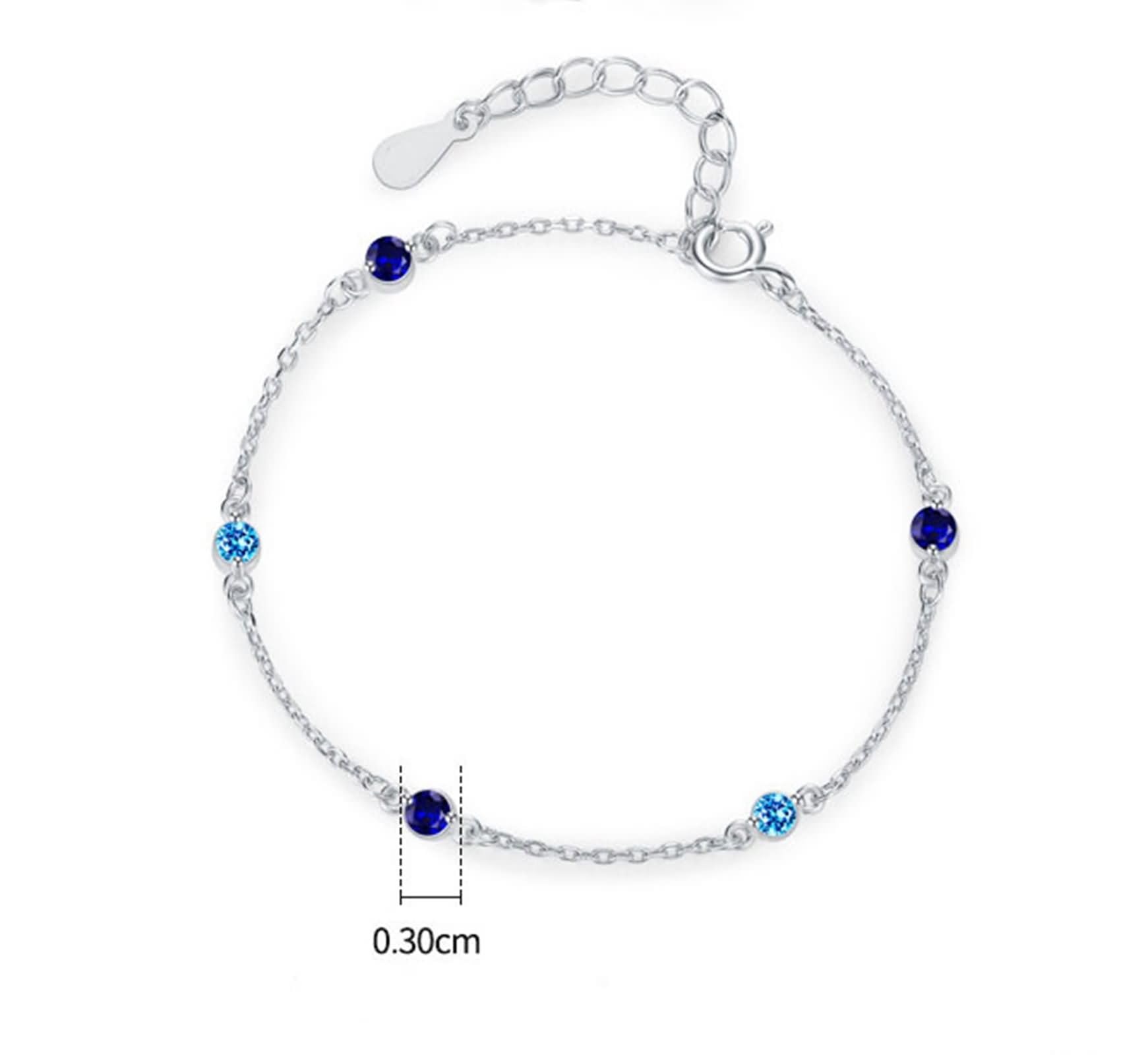 Pulsera para Mujer de Oro Blanco 9K / 14K / 18K, Redondo con Zafiro Creado de 0,35 ct y Topacio de 0,2 ct, Cadena Extensible 16 CM + 5 CM, Pulseras de Ajustable Mujer de Plata Azul