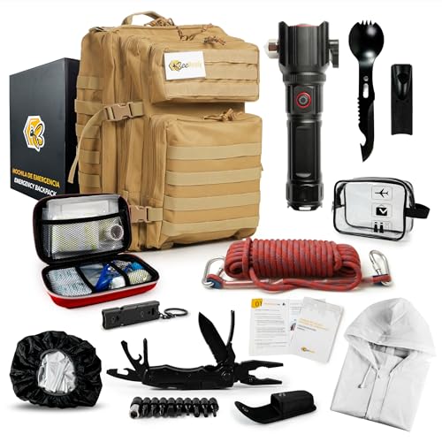 Bee Ready Kit Supervivencia Emergencia Completo – Mochila militar 45L, Linterna LED táctica, Botiquín de primeros auxilios, Cuchillo multiherramienta, Manta térmica– 25 piezas, 3 colores (Marrón)