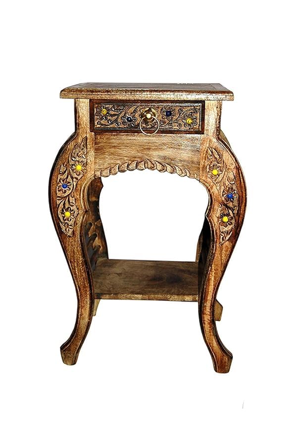 Image of Wooden Side Table & Stool-Natural Wood Antique Look End Table with Drawer for Living Room Brown
