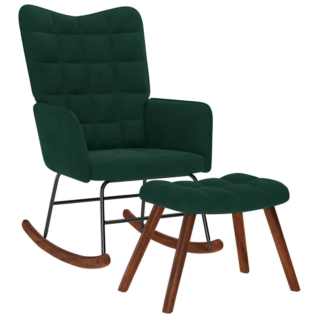 Fotel bujany z taboretem, ciemnozielony aksamit, fotel relaksacyjny z podłokietnikami, ergonomiczne oparcie, podnóżek, drewniane nóżki do salonu, sypialni, na balkon, do wnętrz
