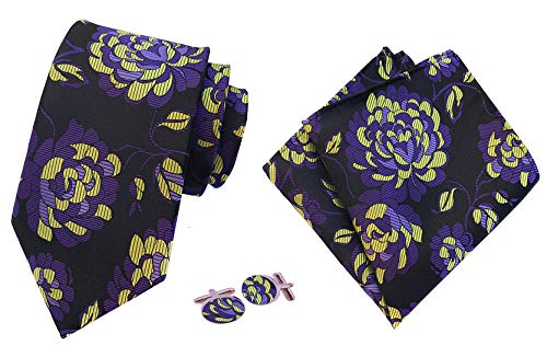 Preisvergleich Produktbild MENDENG Herren Manschettenknöpfe, 3 Stück, Blumenmuster, Krawatte, Tasche, quadratisch, Violett / Schwarz - mehrfarbig - Einheitsgröße