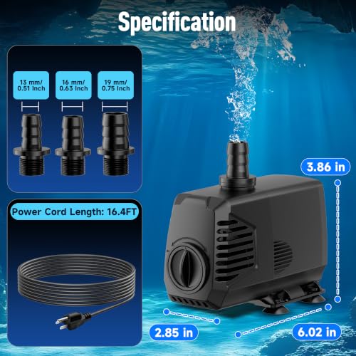 Image of POPOSOAP 680GPH Submersible Water Pump, Water Fountain (2400L /H, 55W) with 8.5FT High Lift Adjustable & 3 Nozzles & 16.4FT Cord, Ultra Quiet Aquarium Pump for Pond Fountain Waterfall Hydroponics-Q104