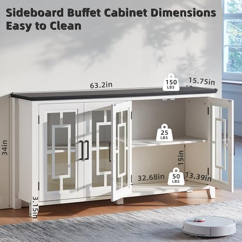 Large-Sideboard-Buffet-Cabinet-with-Storage-63-Farmhouse-White-Kitchen-Coffee-Wine-Bar-Cabinet-with-4-Glass-Doors-Wood-Mid-Century-Modern-Side-Board-Table-for-Dining-Room-Living-Room Large Sideboard Buffet Cabinet with Storage 63 Farmhouse White Kitchen Coffee Wine Bar Cabinet with 4 Glass Doors Wood Mid Century Modern Side Board Table for Dining Room Living Room
