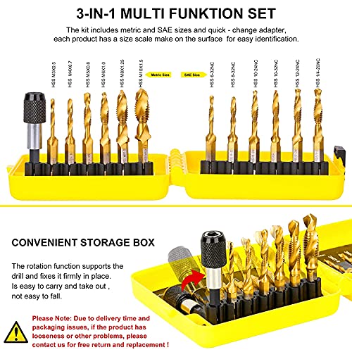 Topec Tap Bit Set, 3-In-1 Hss Titanium Coated Drill Tap Combination, 13 Pcs Sae/Metric Threading Tap Drill Bit Set With 1/4 Inch Hex Shank, And Quick-Change Adapter #TOP3