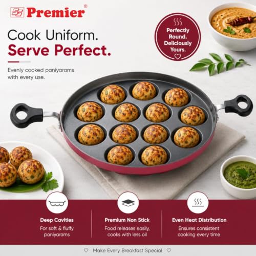 Image of PREMIER Non-Stick Paniyaram Pan 12 Cavity | Appam Maker | Appam Patra | Kuzhi Paniyaram Pan | Appe Pan | Paddu Pan | Gunta Ponganalu Pan | Die Cast Aluminium | Gas Stove | 1 Year Warranty