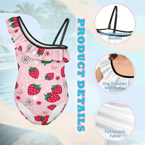Image of Ladybug Swimsuits for Girls 5-14 One Piece Bathing Suit Kids One Ruffle Shoulder Beach Sport Swimwear