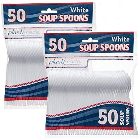 [100 White Soup Spoons] Plastimade Disposable Heavy Duty Plastic Cutlery,Great for Every Day Use, Home, Office, Party, Picnics, or Outdoor Events,