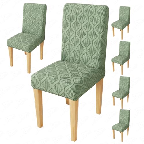 Image of Lukzer Elastic Dining Chair Cover - 6PC Pastel Green Diamond Pattern | Textured High Stretch Jacquard Seat Cover | Removable Washable Short Dining Chair Cover Protector Seat Slipcover | (CC-153-6)