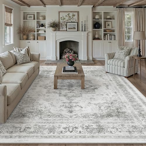Washable Rug 9x12 Area Rug for Living Room Gray Vintage Boho Medallion Large Grey Distressed Retro Carpet Non Slip Indoor Low Pile Small Soft Bedroom Dining Room Home Office