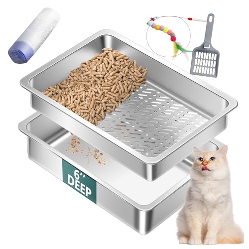 Stainless Steel Sifting Cat Litter Box for Pine Pellets, Large Metal Cat Litter Box Sifter Pan with Litter Scoop, Low Dust, Odor Control, Easy Cleaning, 19.7L*13.8W*6H - image 8