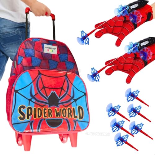 Kit Mochila de rodinha infantil do Batman Spider man homem aranha + acessório garrafinha squeeze brinquedo luva aranha presente para menino criança 6 anos volta as aulas (Homem Aranha)