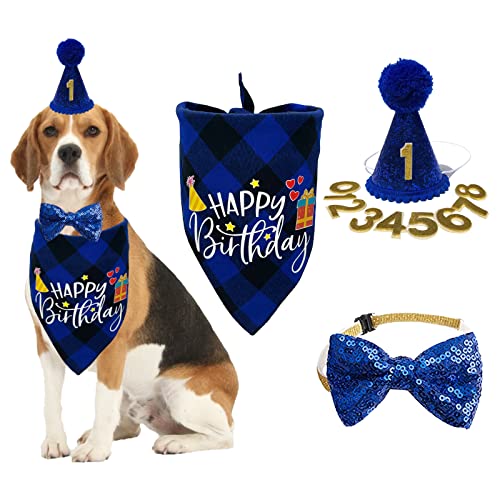 Juego de bufanda de sombrero de bandana de cumpleaños para perro, sombrero de cumpleaños, bufanda diseño clásico a cuadros para perros pequeños y medianos Cover