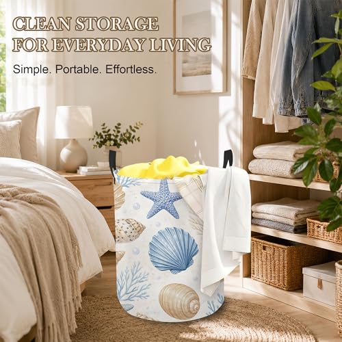 Image of Seashell Starfish Laundry Basket, Ocean Coastal Collapsible Laundry Hamper Waterproof Oxford Cloth With Handles, Clothes Storage Bucket For Bathroom /Bedroom 16 inch x 20.8 inch