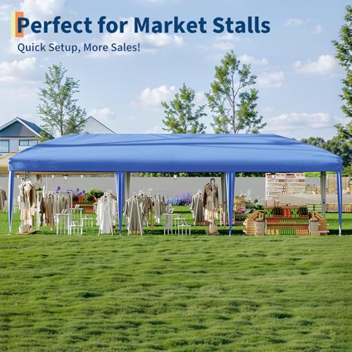 10x30 Pop-Up Awning with 8 Sidewalls - Heavy Duty Outdoor Awning Tent with Portable Rolling Bag - 3 Adjustable Height, 8 Weight Bags, 8 Stakes and 6 Drawstrings, Blue