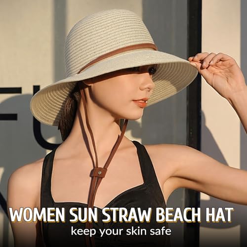 Image of Beach Hat for Women, Wide Brim Sun Straw Hats for Women, Sun Hat Womens UPF 50+ UV Protection, Floppy Foldable Summer Hats