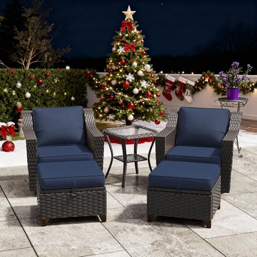 Image of 5 Pieces Patio Conversation Furniture Set - Swivel Chairs with Ottomans Set of 2, 1 Side Table, Outdoor Wicker Furniture Set with Washable Cushions for Porch, Balcony, Sunroom (Navy Blue) | Patio Chair Set with Olefin Removable Cushion, All-Weather Glider Swivel Chair Set with Deep Seat for Porch, Deck, Blue