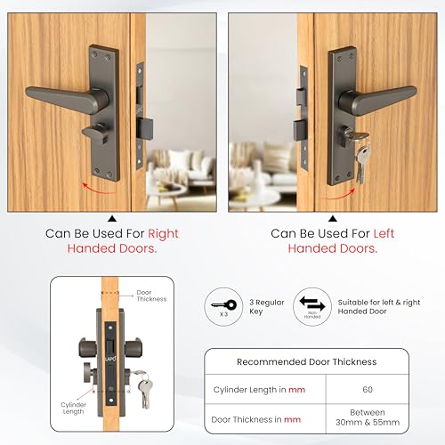 Image of LAPO Mortise Door Lock for Home Main Door & Bedroom with Handle | 45x45mm Body | Heavy-Duty 60mm Cylinder | 3 Brass Keys | Left-Right Fit 30-50mm Door Home Office Hotel | Black Finish | CY-164