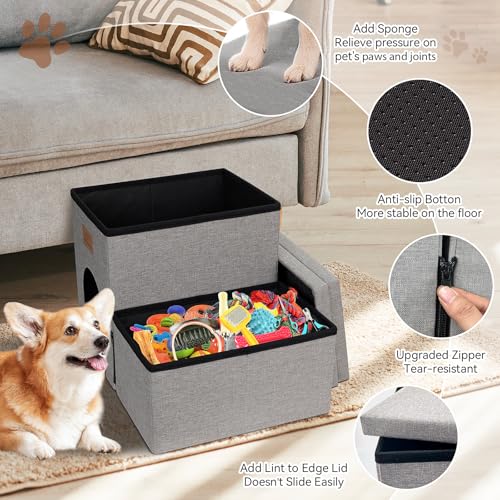 Image of Zerbuger Dog Stairs 15 inch H, 2-Step Wider Dog Steps for Small /Medium /Large Old Dogs Cats, Folding Sturdy Storage Pet Stairs Climbing Bed Couch, Dog Ramp for Car Hold Up to 150 lbs(Gray, with Condo)