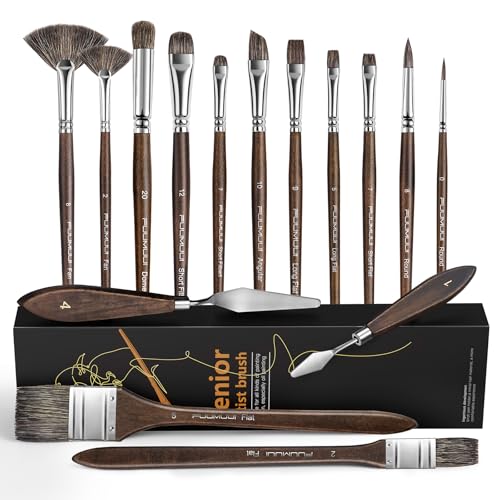 Oil Paint Brush Set, 15Pcs Fuumuui Professional Paint Blending Brushes Natural Badger Bristle with Flat, Fan, Angle, Round, Filbert for Acrylic Oil Painting with 2pc Palette Knife Brown