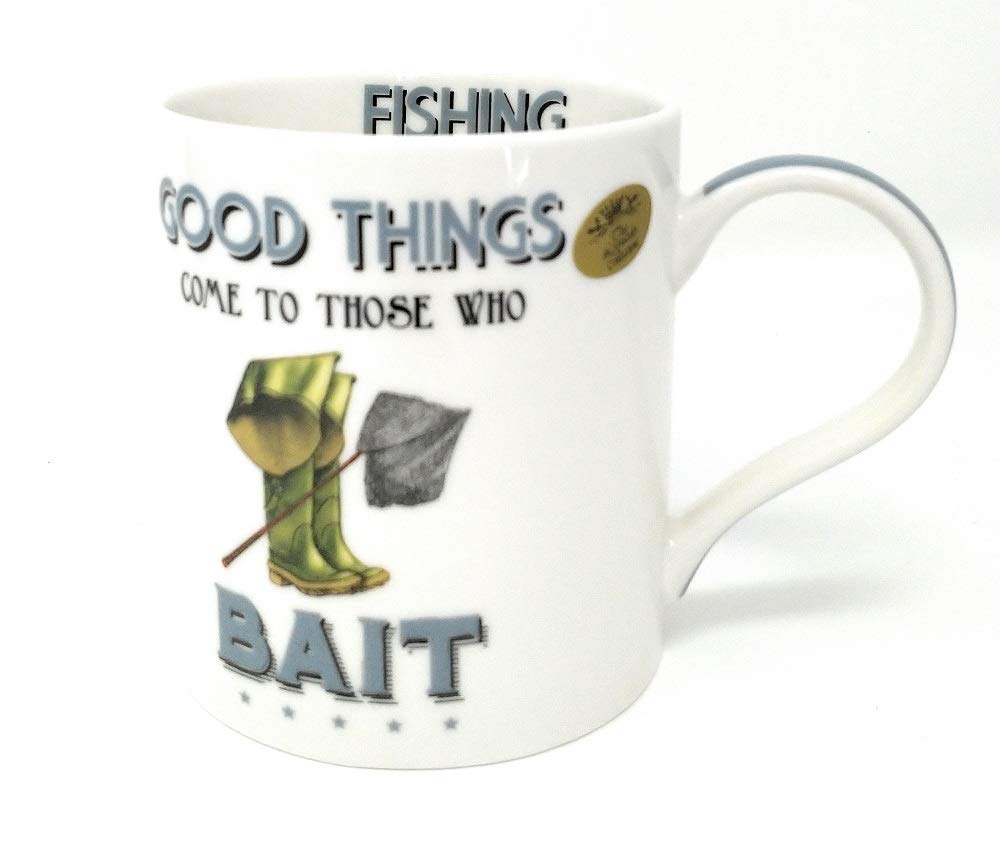 Fishing Mug Good things come to those who BAIT Coffee Cup Fine China Gift Boxed