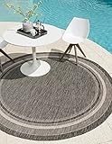 Unique Loom Outdoor Border Collection Area Rug - Soft Border (7' 10" Round, Black/ Ivory)