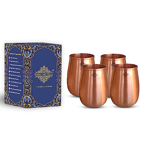 INDIAN ART VILLA IndianArtVilla Pure Copper Lacqure Coted Round Shaped Glass, Drinkware & Tableware, Volume- 355 ML, Pack of 4