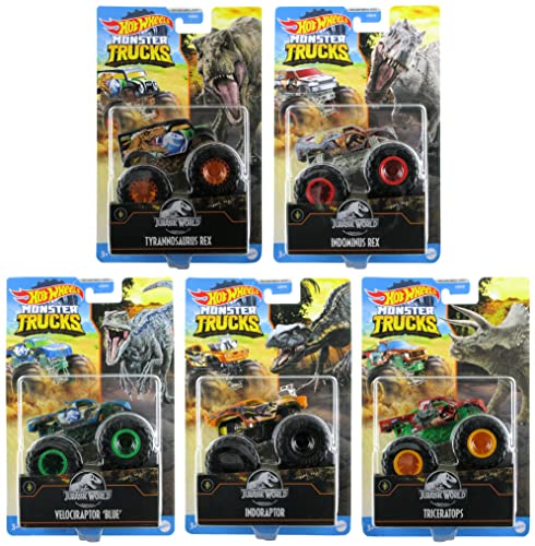 Hot Wheels Monster Trucks 2021 Bundle of 5 Jurassic World 1:64 Diecast Tyrannosaurus Rex, Indominus Rex, Velociraptor Blue, Indoraptor, Triceratops