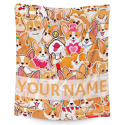 Personalized Corgi Blanket Gifts with Name - 40"x50" Cute Throw for Adults, Kids - Colorful Soft Fuzzy Blankets for Bed, Couch & Living Room