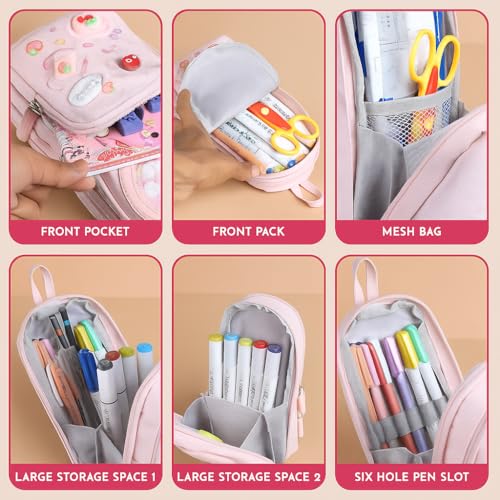 Image of Premium Canvas Pencil Case Hang able 6 Layer with 3 Compartment, Cute Aesthetic Pencil Case for Girls, Large Capacity Pencil Pouch, Cute Stationary Gift for Kids (Happy Times - Pink)