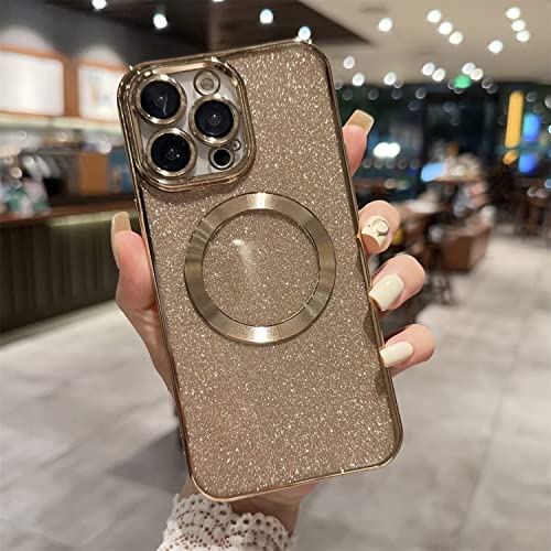 Emlivi Compatible con iPhone 14 Pro Funda de silicona con purpurina magnética [Compatible con Mag-Ssaf] Lentejuelas Protector de cámara TPU Funda para niña con purpurina para iPhone 14 Pro-Golden