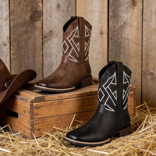 Image of Cowboy Boots for Men Western Square Toe Embroidered Slip Resistant Durable Ankle Boots for Spring Fall