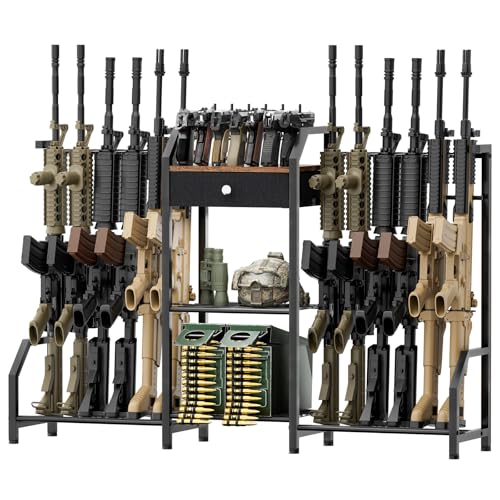 EnigmaSoul Indoor Gun Rack Floor Stand – Holds 12 Rifles/Shotguns and 7 Handguns, Rustic Wood & Solid Metal Vertical Rifle Rack with Pistol Holder for Gun Rooms, Garages, or Home Offices