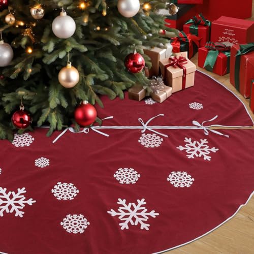 VercanMonth Large Christmas Tree Skirt, Burlap Tree Skirt White Snowflake Xmas Mat for Christmas Home Farmhouse Holiday Indoor Outdoor Decoration (84 Inch,Red)