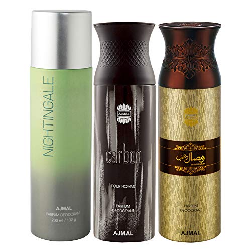 Image of Ajmal 1 Nightingale for Men & Women, 1 Ajmal Carbon for Men and 1 Wisal Dhahab for Men Deodorants each 200ML Combo pack of 3 (Total 600ML) + 3 Parfum Testers